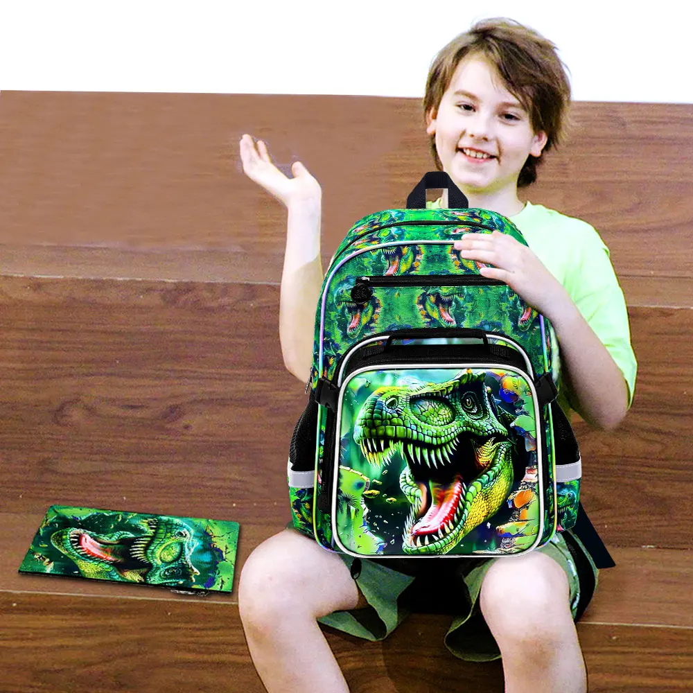 

3Pcs Dinosaur Backpack for Boys, 16" Kids Bookbag for Elementary Preschool Kindergarten, School Backpacks with Lunch Box (Green)