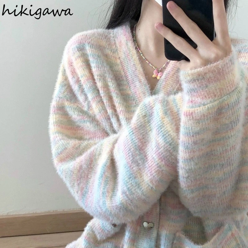 Rainbow Striped Sweater Coats Sueter Mujer V-neck Thicked Casual Fashion Knit Oversized Cardigan Pull Femme Fall Winter Clothing