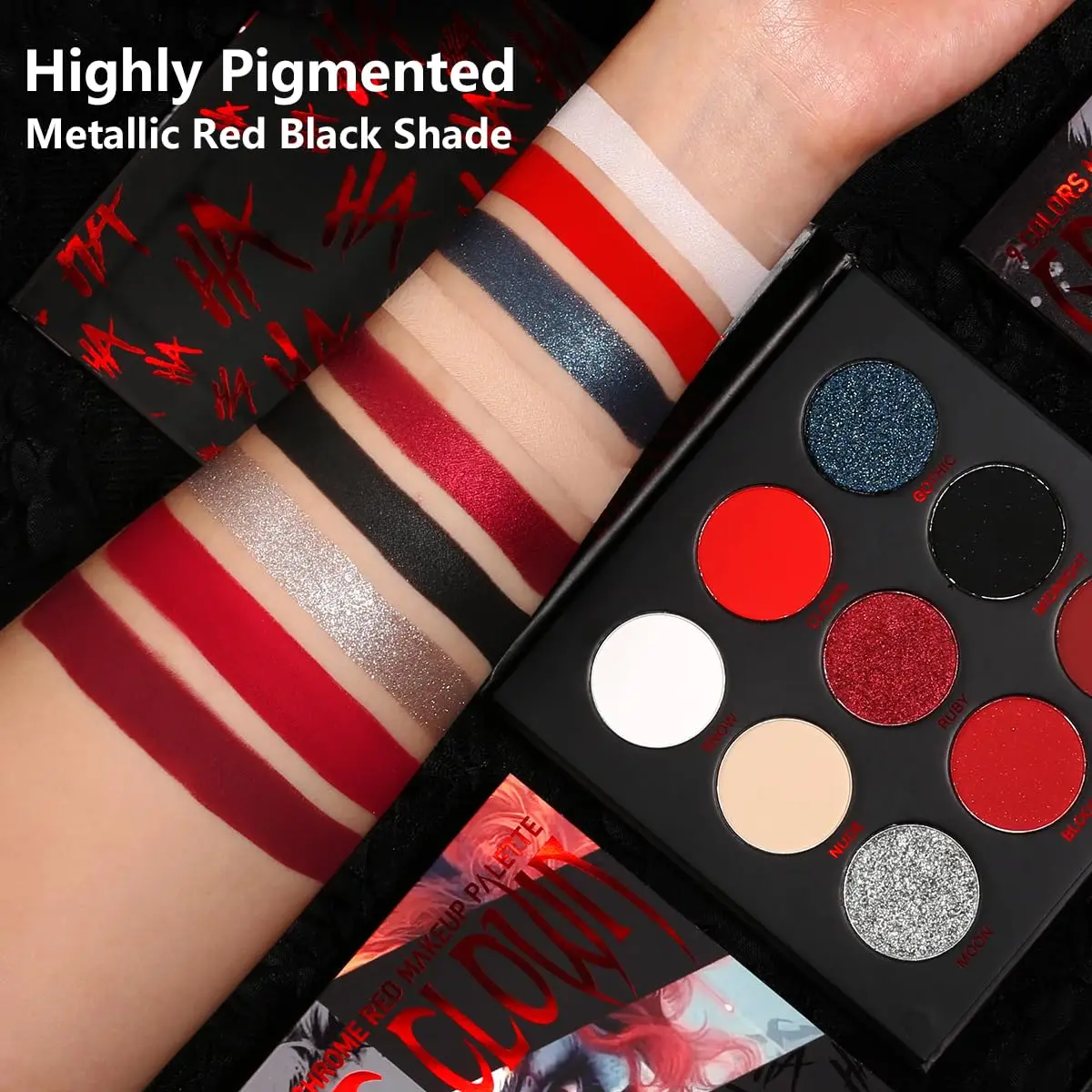 Black Red Eyeshadow Palette,Goth Clown Halloween Makeup, White Silver Glitter Metallic Red Black Eyeshadow Palette Joker Zombie