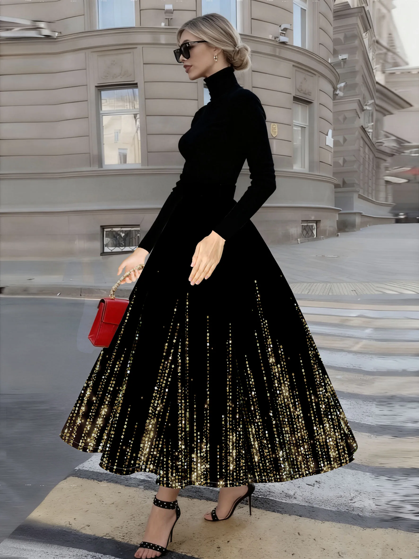 Printed Design Spring and summer vacation style gold polka dot black fabric half skirt