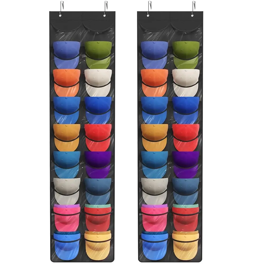 

Органайзер для головных уборов на дверь, 18 прозрачных глубоких карманов, подставка для кепок с 2 крючками, подвесное хранение для головных уборов, держатель для кепок.