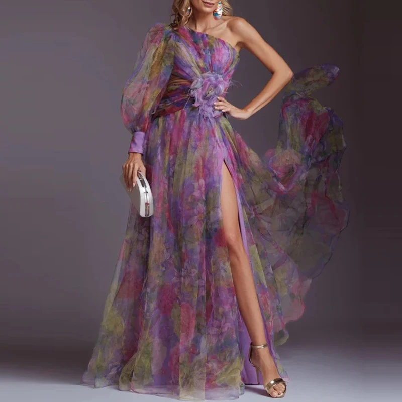 Spring Summer New Mesh Evening Dress Vintage Pattern Printed High Waisted Long Dress New One Shoulder Pleat Banquet Swing Dress