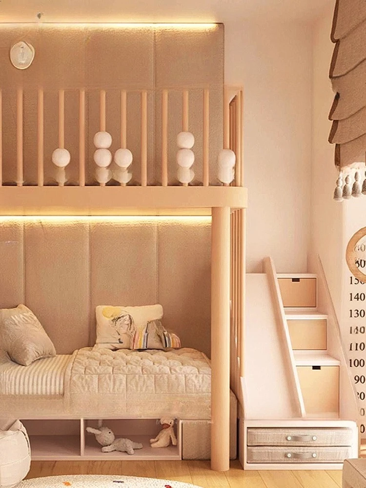 Kamar anak perempuan yang kreatif dengan tempat tidur setengah tinggi, rumah bermain bayi dengan seluncuran