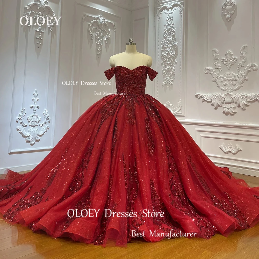 OLOEY Gorgeous Glitter Red 15 17 Quinceanera Dress Wedding Dress Sweetheart Silky Tulle Beading Appliques Ball Gown Birthday