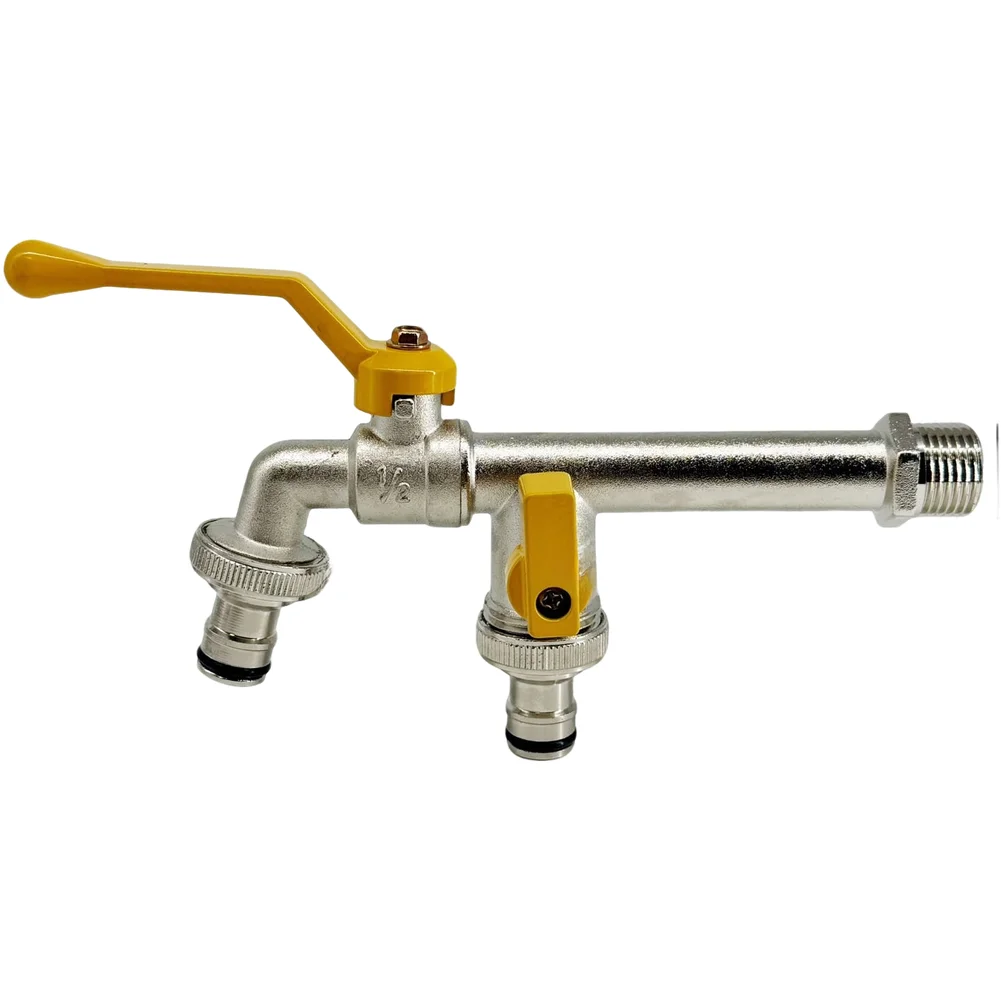 Garden Faucet Dual Outlet 1/2 Inch Zinc Alloy with Extended Spout for Outdoor Use and Nickel Plated Protective Layer