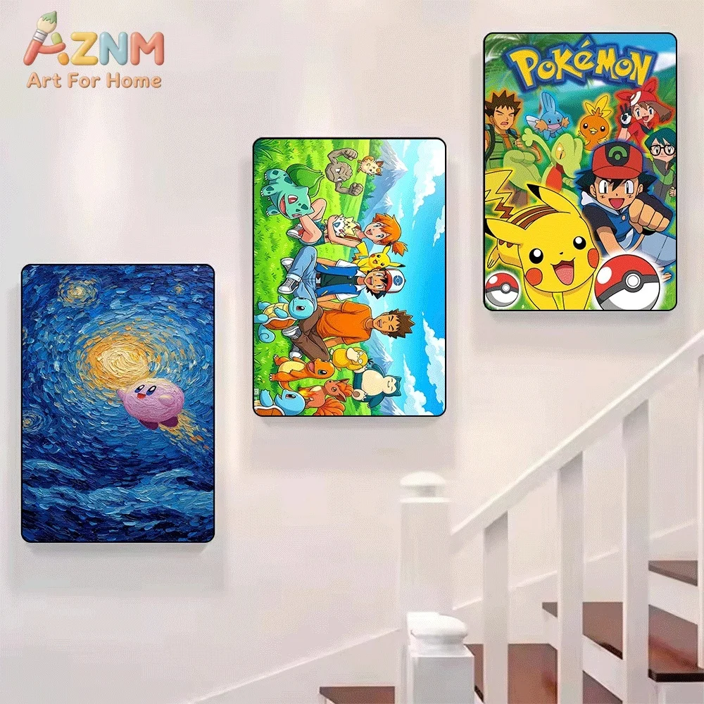 AZNM Kirby Pink Cartoon Character Starry Night Van Gogh Style Canvas Wall Print, Game Anime Art Poster, Unframed Canvas Painti view 5