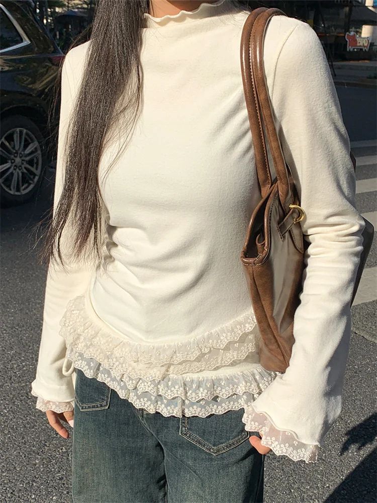 Chic Lace Patchwork Long Sleeved T-shirt Base Shirt for Women Winter Slim Half High Neck Top Pullover