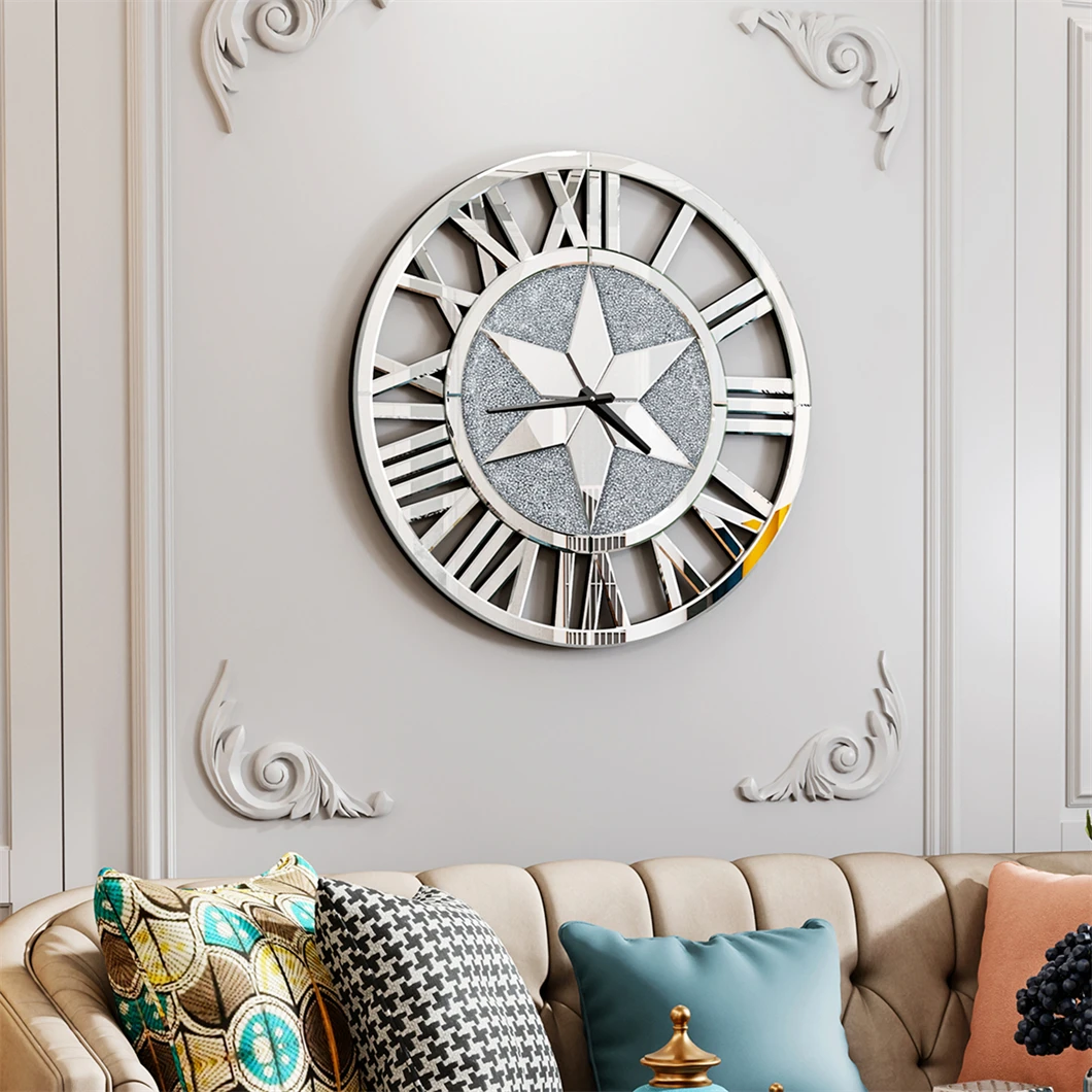 60CM Round Stunning Beveled Roman Numeral Skeleton Clock Family Living Room Fireplace Decor Large Mirrored Wall Clock