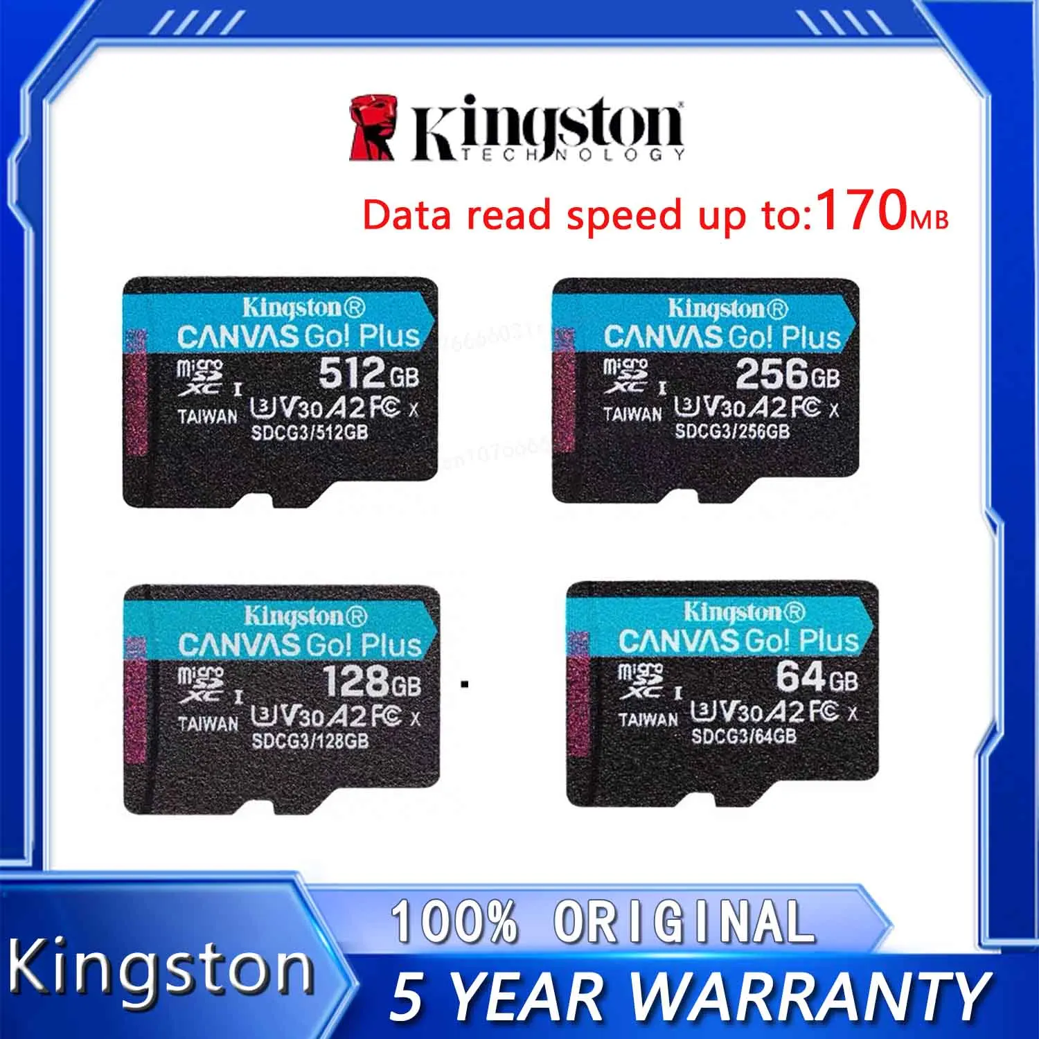 Оригинальная карта Kingston Canvas Go Plus Micro SD 64 ГБ 128 ГБ 256 ГБ 512 ГБ Флэш-карта V30 U3 до 170 МБ/с для чтения телефона