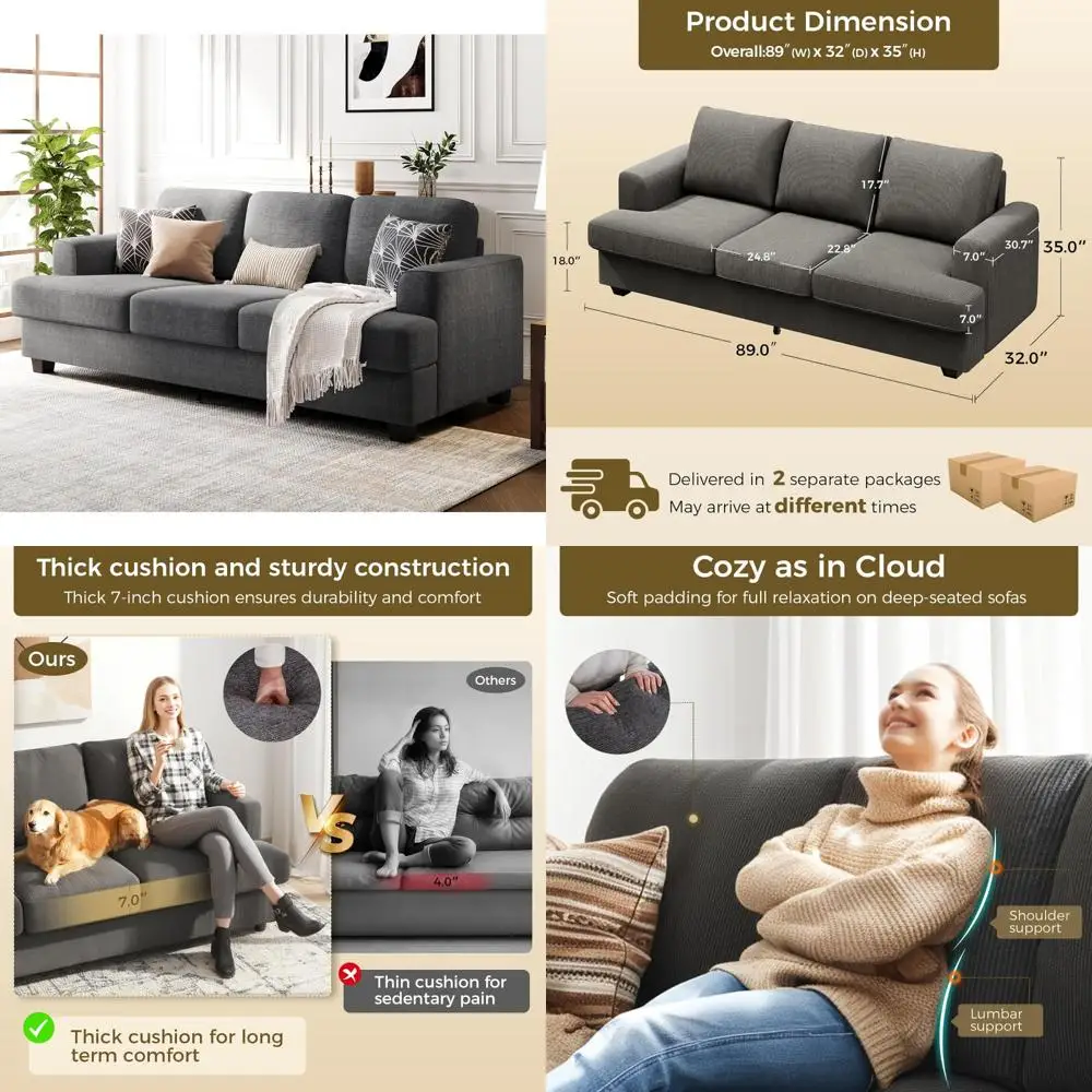 

"3 seater chenille sofa with deep seating and wood frame for comfortable living room"