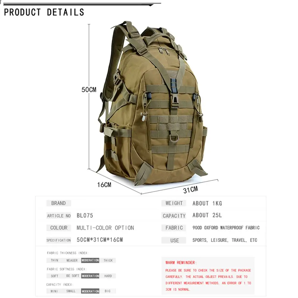 25L Outdoor Camping Backpack Men\'s Military Army Tactical Molle Assault Bag 900D Waterproof Hiking Travel Rucksack