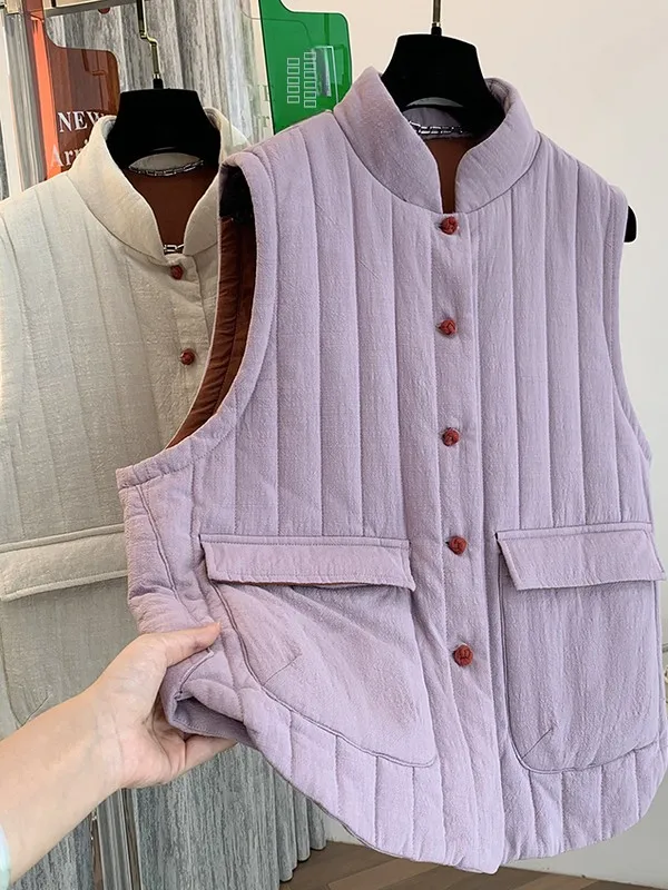 Retro Artistic Linen Cotton Vest Women's Faion Outerwear Thiened Winter Coat Multi-layered Wearable Commute Sle