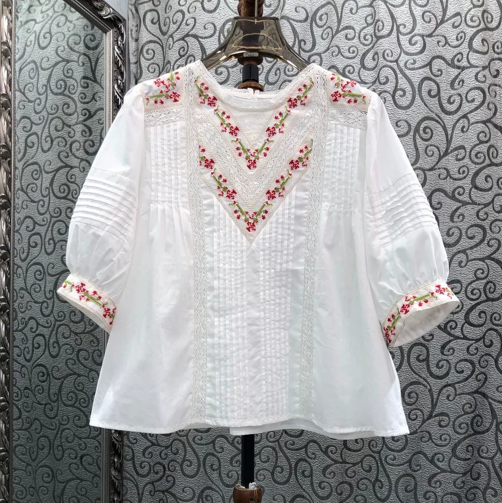 

100% Cotton Blouse Shirts 2026 Summer Fashion Style Women Exquisite Floral Embroidery Short Sleeve White Dark Blue Tops Blouse