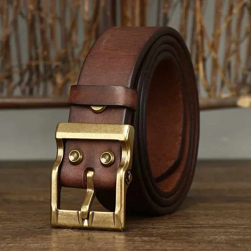 3.8 Cm Wide High Quality Genuine Leather Belt Men's Retro Thickened First Layer Pure Cowhide Brass Buckle Jeans Luxury Male Belt