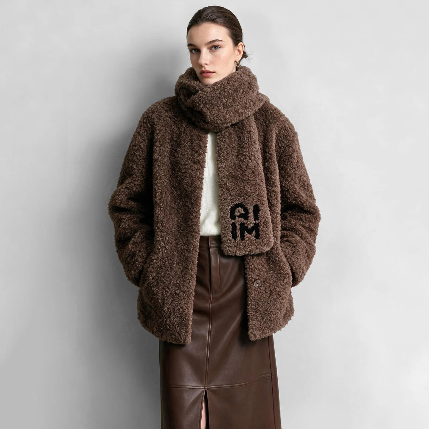 Amii Faux Fur Coat Woman 2026 Winter New Included Scarf Embroidered O-Neck Loose Midi Eco Friendly Faux Fur Coat Top 12654005