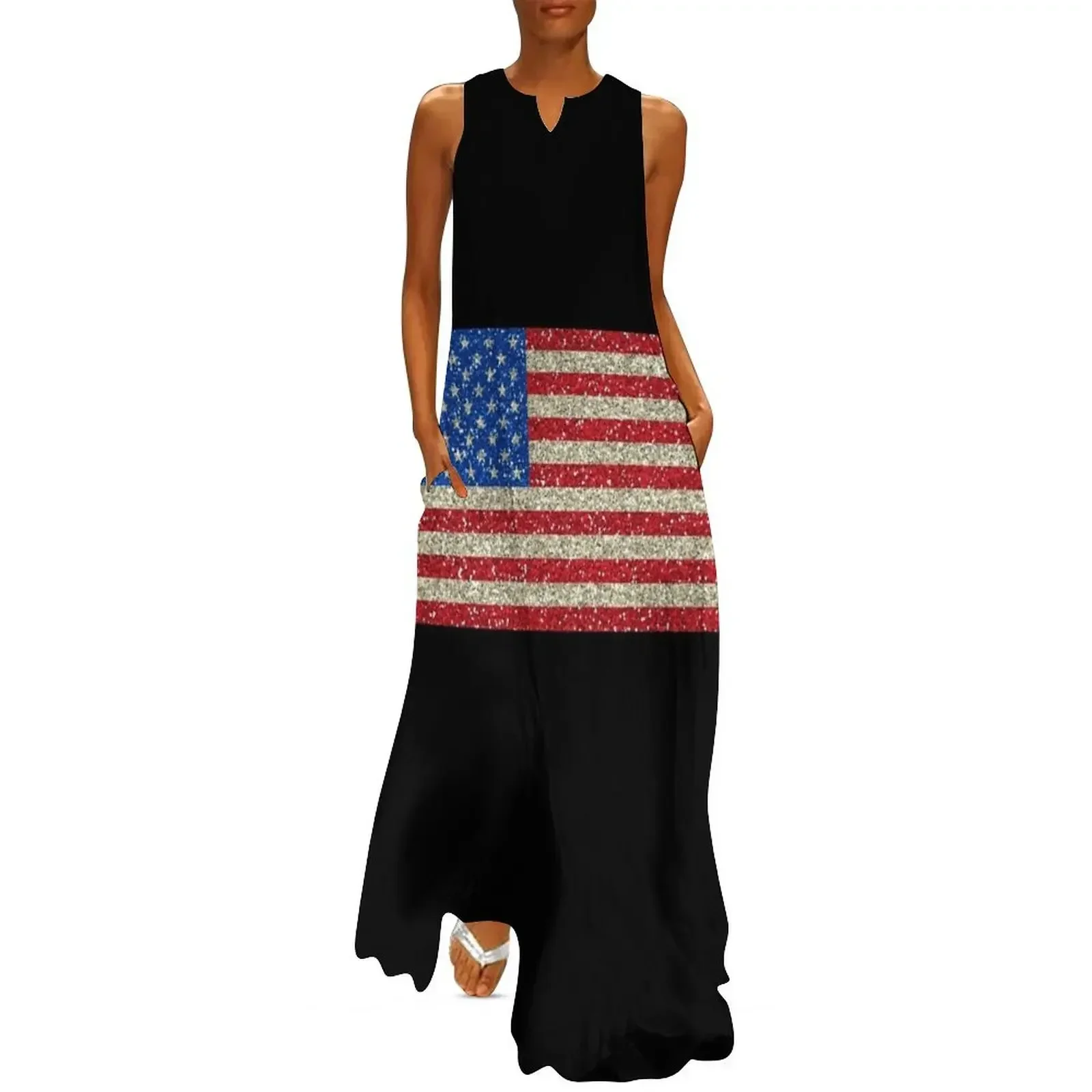 

American Flag Flag USA Patriot Glitter United States Long Dress Women's summer suit Dress