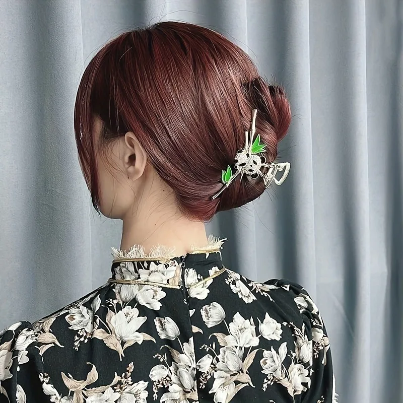 1pc Chinesischen Stil Panda Bambus Haar Clip Modische Niedliche Kleine Bär Wasser Diamant Haarnadel frauen Klaue Stil Haar Clip – Detail 3