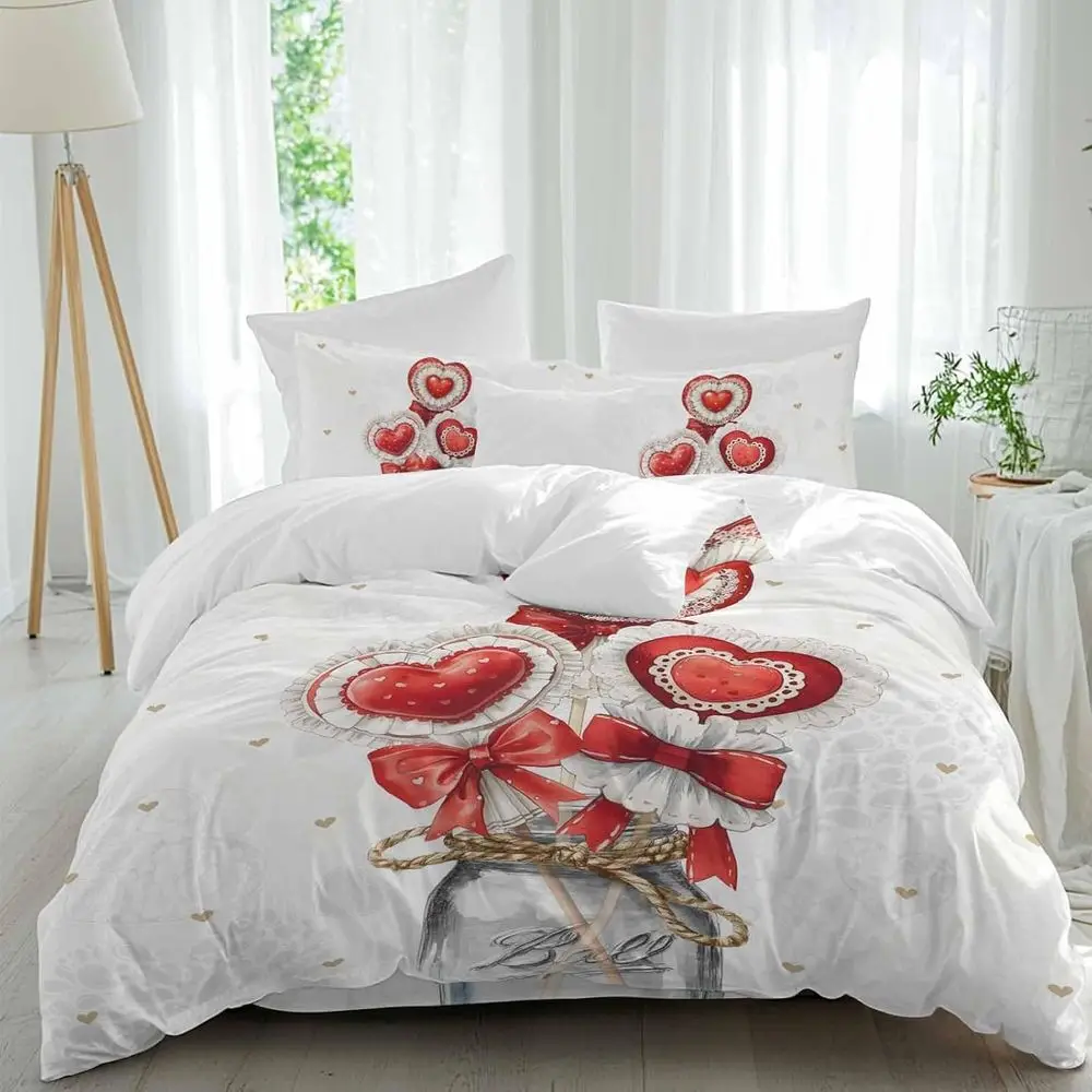 

Valentine's Day Sheet Set, tic Red White Bowknot Lace Love Heart Candy Vase 4 Pieces Breathable Sot Duvet Cover Set Bedding Cozy