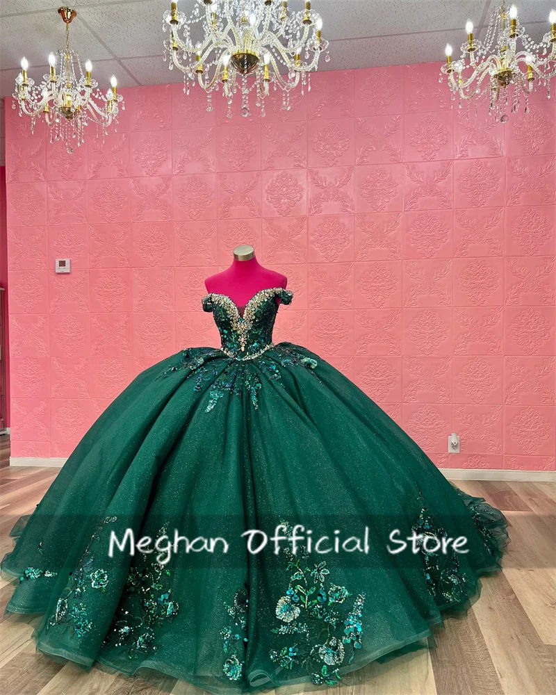 Mexico Emerald Green Off Shoulder Quinceanera Dress Ball Gown Beads Appliques Birthday Party Grown vestidos de fiesta Customized