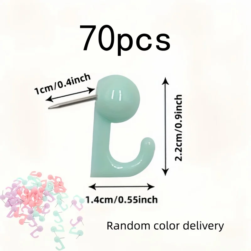 70 pcs Random Color Push Pin Hooks, Sturdy and Easy to Install, for Photo Walls, Corkboards and Calendars