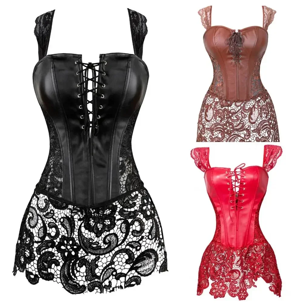 

Leather Corset Skirt Woman Steampunk Bustiers Zip Corsets Lace Up Bustier Dress Burlesque Outfits Holiday Evening Party Costumes