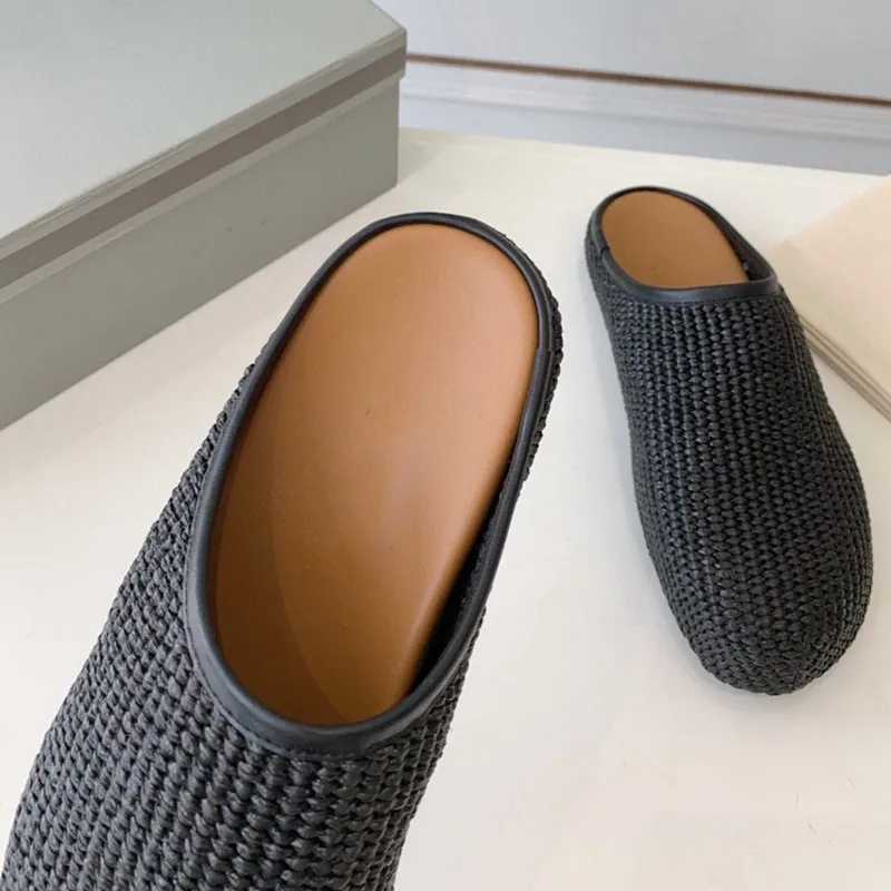 Weave Slingback Slippers Voor Vrouwen Effen Kleur Platte Ronde Neus Designer Nieuwe Merk Vrouwelijke Schoenen Stijlvolle Mode Comefortable Schoenen