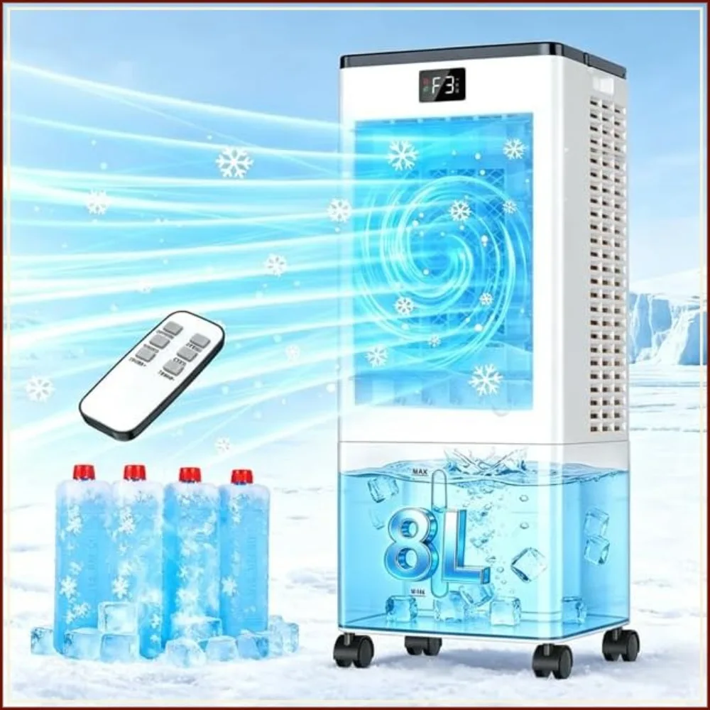 

3-in-1 Portable Air Conditioner, Evaporative Cooling Fan with 8L Tank, 12H Timer, Remote, 120° Oscillation, No Window Needed
