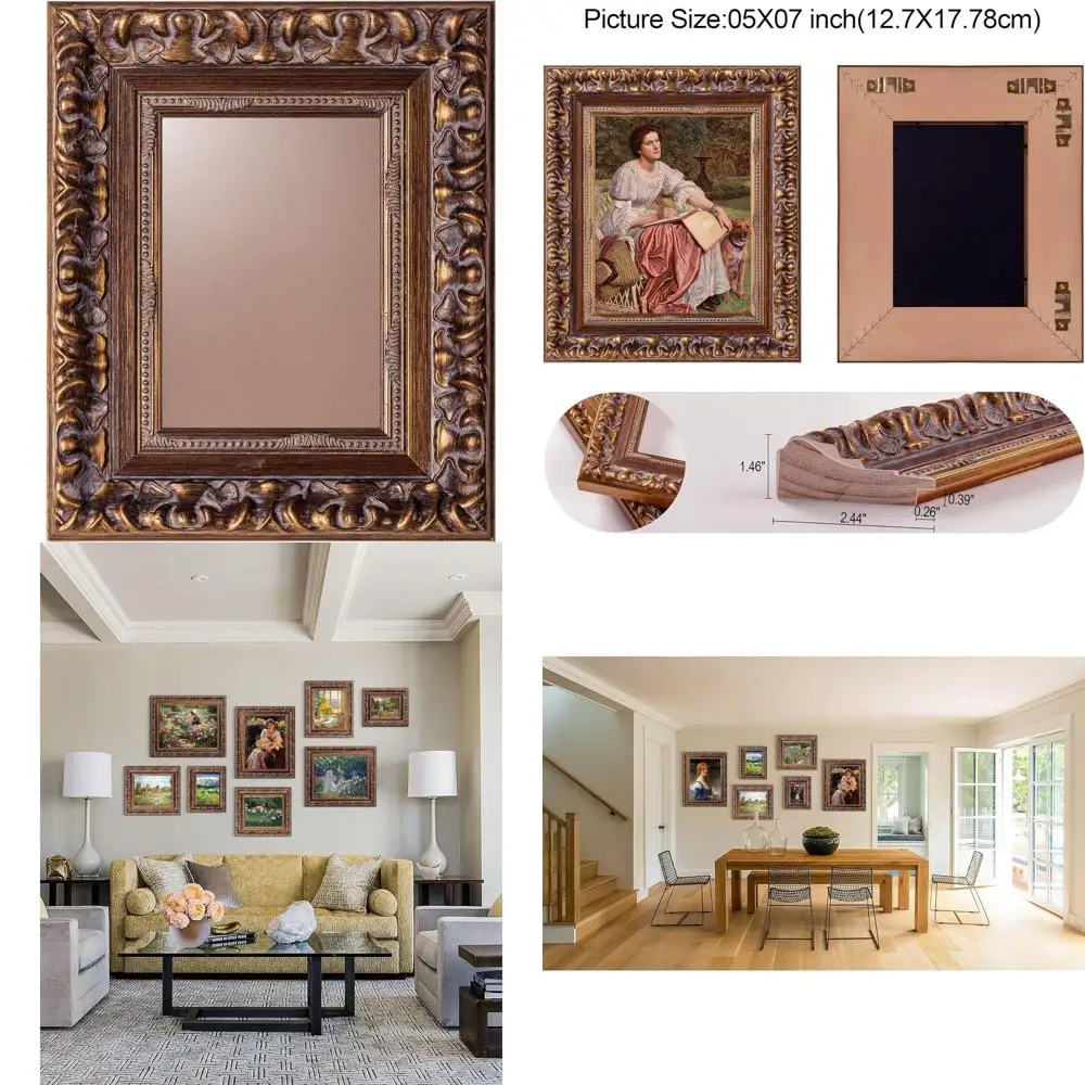 

Gold Vintage 5x7 Wooden Picture Frame for Wall or Tabletop, Suitable for Canvas Art and Diplomas