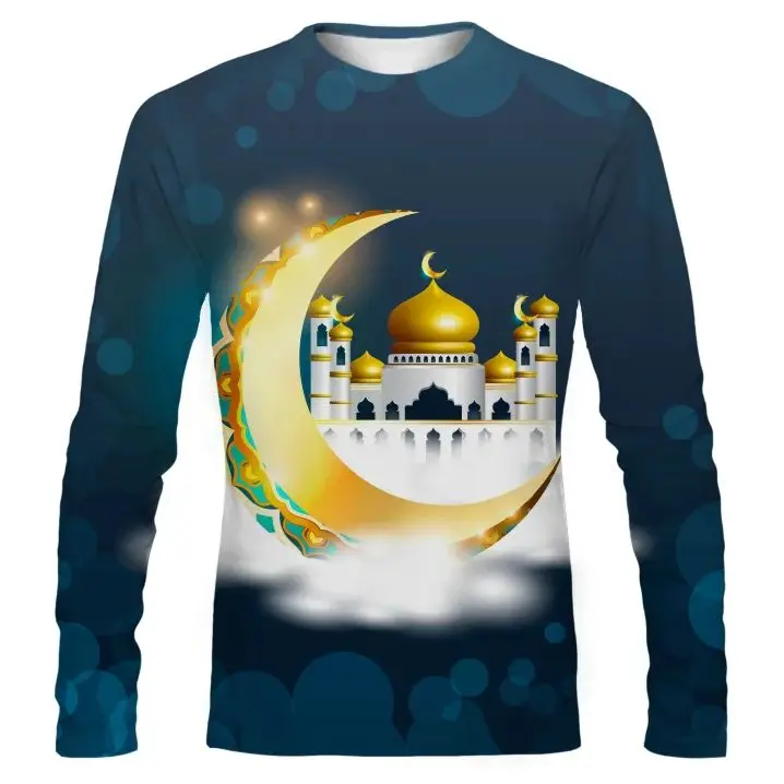 

Summer Hip-hop Muslim Mubarak Men's 3D T-shirt Flag Printing Long Sleeved Casual Pullover Fashion Sports Tee