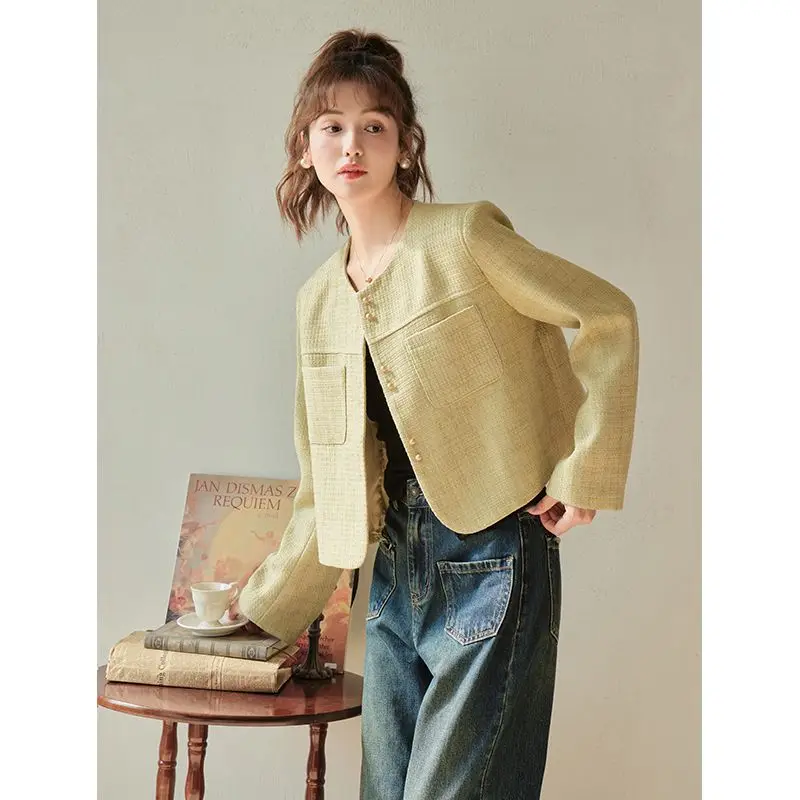 

Spring Women Fashion Autumn Jacket New Round Neck Small Fragrant Short Coat Simple Slim Long Sleeve Top Yellow Korean Strange