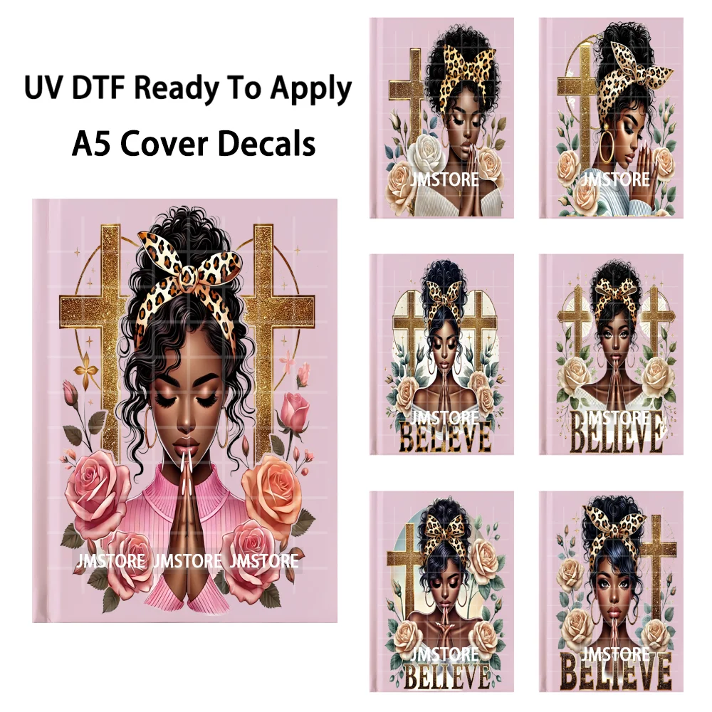 Female Christian Spiritual Prayer A5 Notebook UV DTF Wraps Ready To Apply Waterproof Transfer Stickers Decals For Journal Cover
