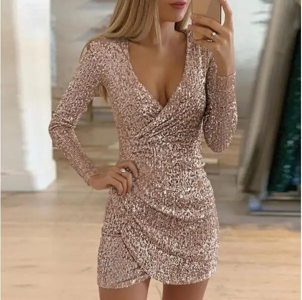 2025 Women's Fashion Amazon New Autumn Collection Sexy V-Neck Long Sleeve  Mini Dress Glittering Dressgown Unique Bagging Design