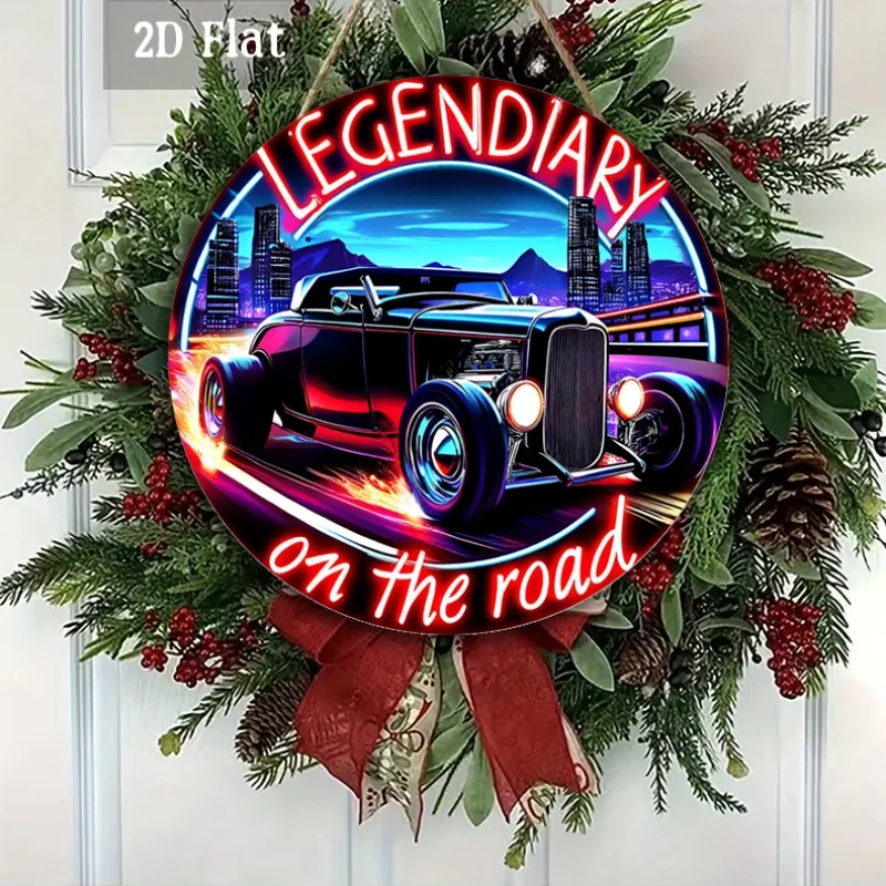2D Flat - 1pc Vintage Hot Rod Wooden Panel Art, Featuring Neon Designs. This Round Wooden Decoration Embodies a Road Trip Theme