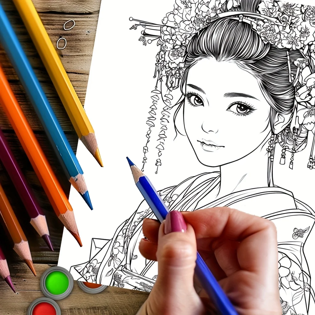 1pc Japanese Lady Coloring Book for Adult Stress Reduction | Colouring Book for Relax and Mood Reduction Christmas Gifting