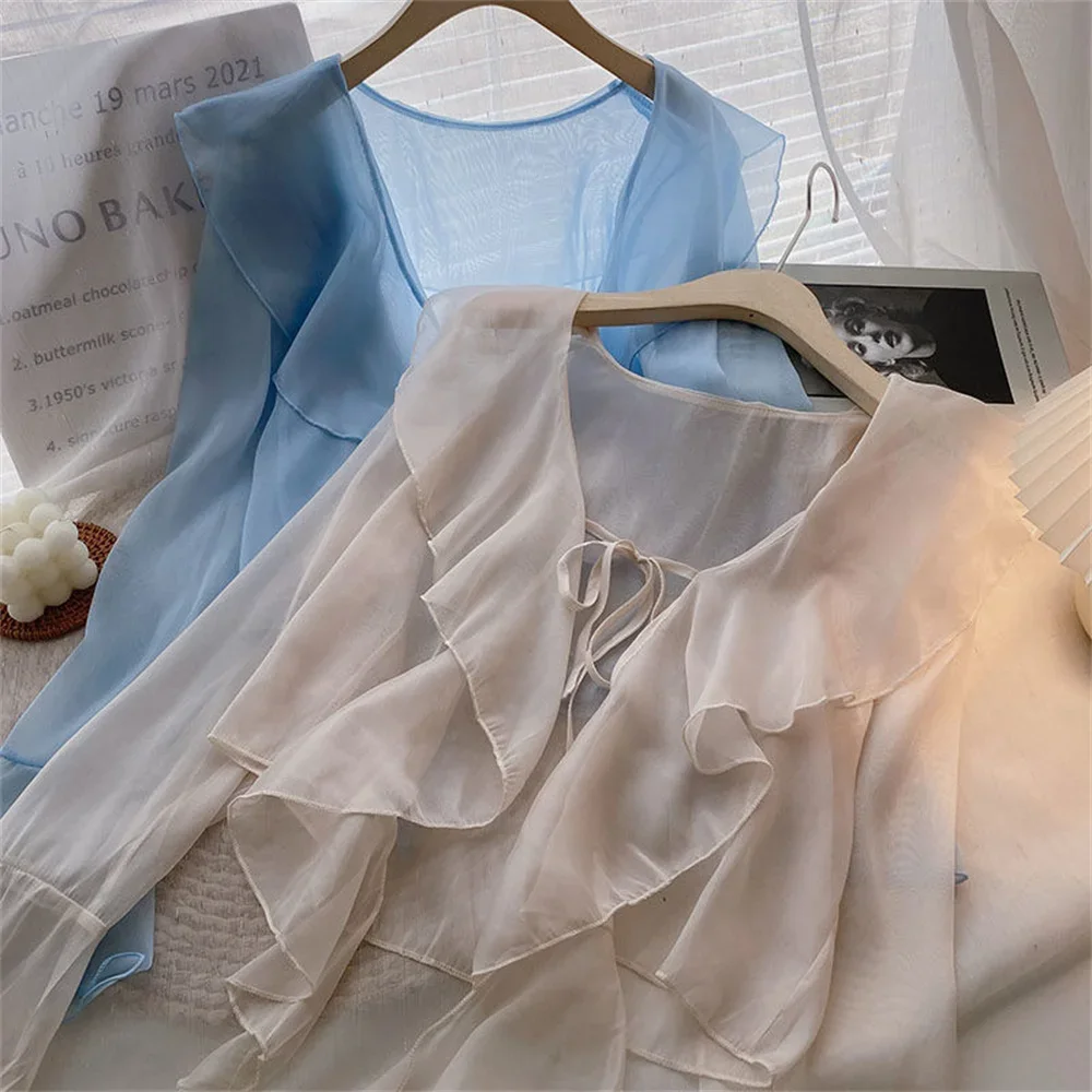 Chiffon Sunscreen Clothing Women Long Sleeve Ruffle Lace Up Flare Sleeve Top Summer Air Conditioning Cover Up Casual Cardigan