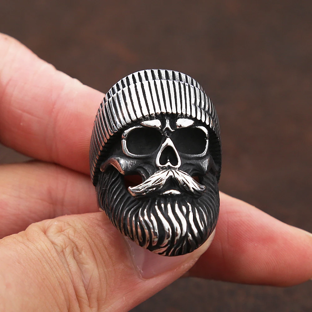 Retro Knitted Hat Bearded Skull Ring Men Distressed Stainless Steel Punk Motorcycle Rider Jewelry Holiday Gift Wholesale