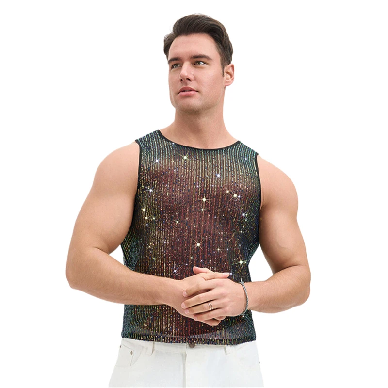 Herren-Netz-Strass-Y2K-Tanktop, durchsichtig, glitzernd, Party-T-Shirt, Nachtclub, Musikfestival, Bühnenkostüm – Detail 8