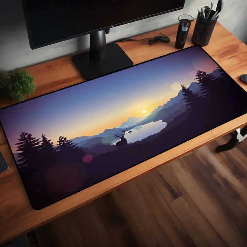サンセットレイクデスクマット：風光明媚な山の鹿マウスパッド