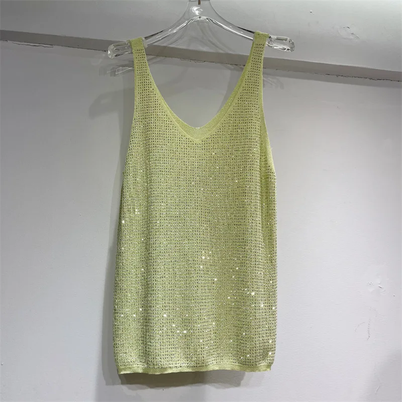 Blingbling Shiny Hot Diamonds Women Knitted Camisole All-match V-neck Pullover Top All-match Elegant Lady Sleeveless Tanks Top