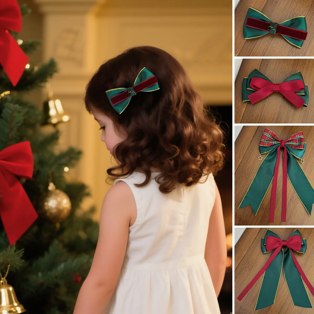 

4 шт., аксессуары для волос для девочек, рождественский бант, заколка для волос, атласная заколка для волос, детская заколка для волос, Xms, вечерние шелковые головные уборы с бантом