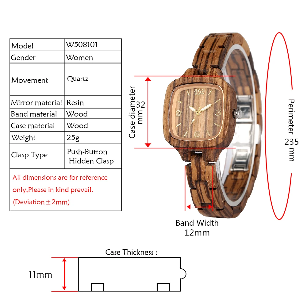 Vintage Zebrawood Women\'s Watch Quartz Analog Square Dial Natural Stylish Lady Wooden Wristwatch Push Button Hidden Clasp