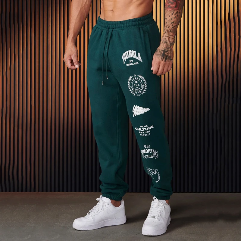 Pantalones de chándal de estilo americano para hombre, ropa de gimnasio, deportes, Fitness, pantalones casuales de algodón, Pantalones estampados de cintura media con cordón