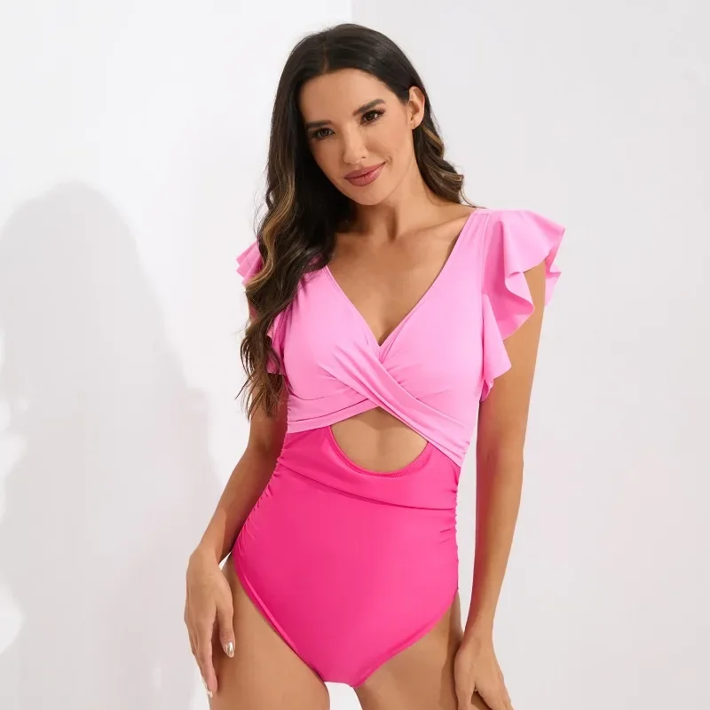 

Women Summer Ruffles One-Piece Suits Hollow Out Backless Tankini Deep V Neck Swimwear New Fashion Sexy Patchwork Bathing Suits