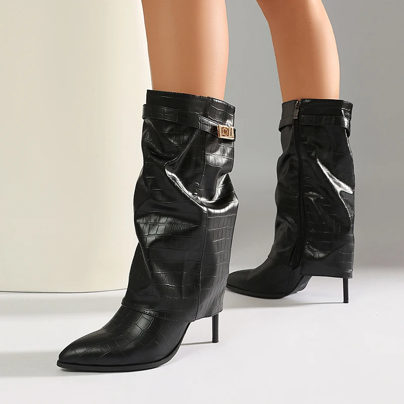 Plus Size Women Mid Calf Boots Pointed Toe Super High Stiletto Heel Turn Over Cuff Side Zipper Buckle Decor Ruched Ladies Boots