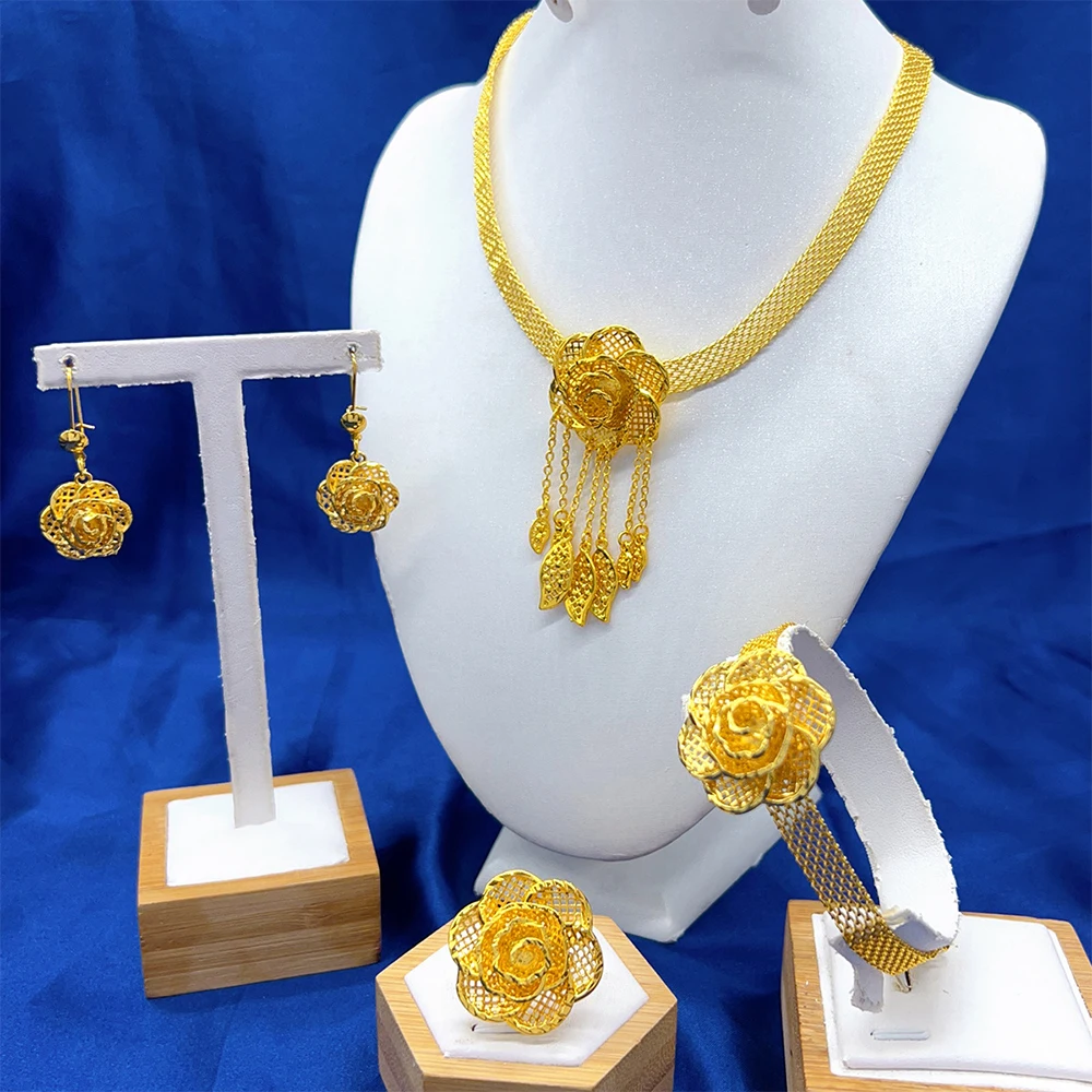 4 pcs Dubai bride golden flowers set of women's party jewelry luxury Non-fading wedding necklace earrings bracelet ring set image 5