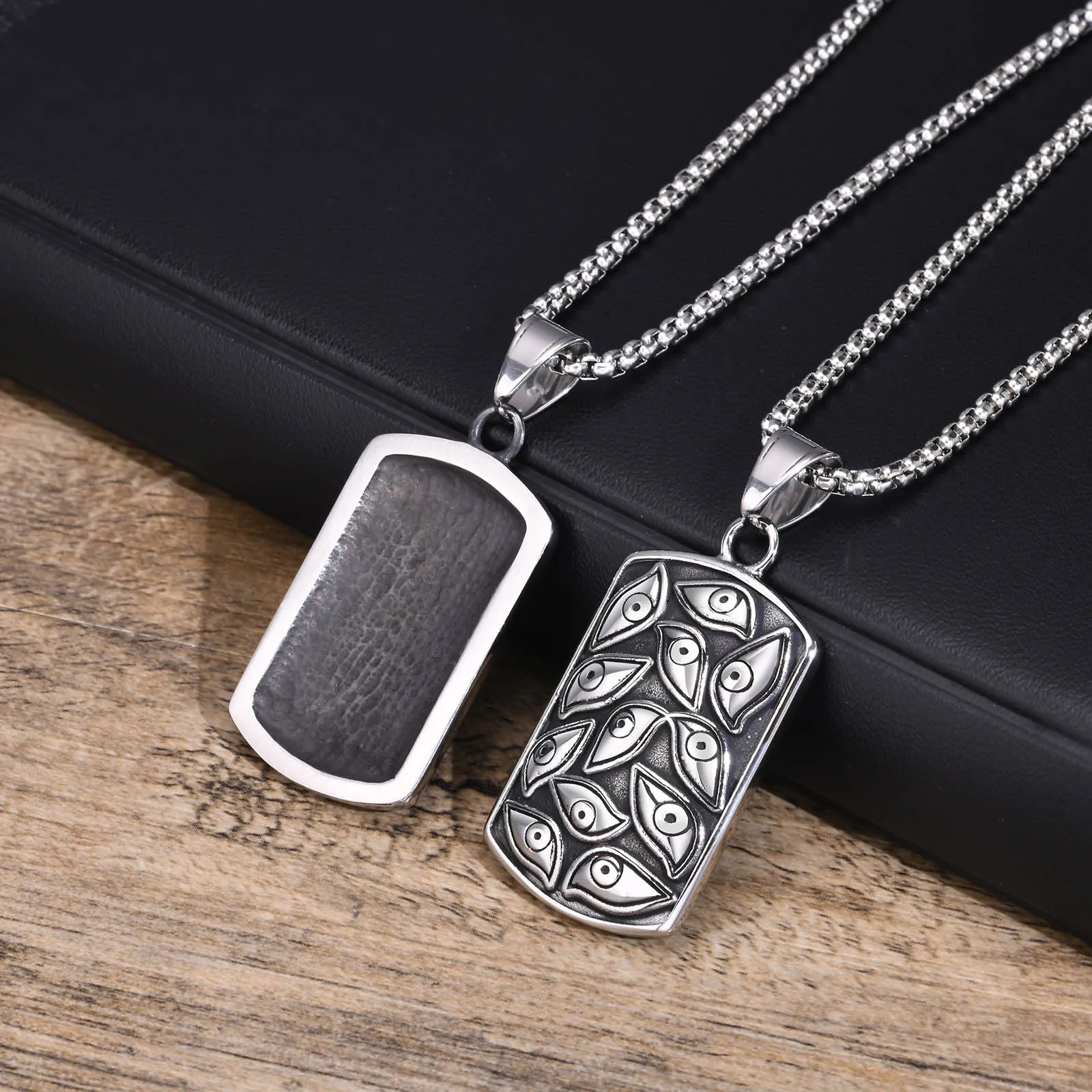 Mprainbow Men's Gothic Eye of the Devil Necklaces, Cool Punk Stainless Steel Square Dog Tag Pendant Collar, Gifts to Him