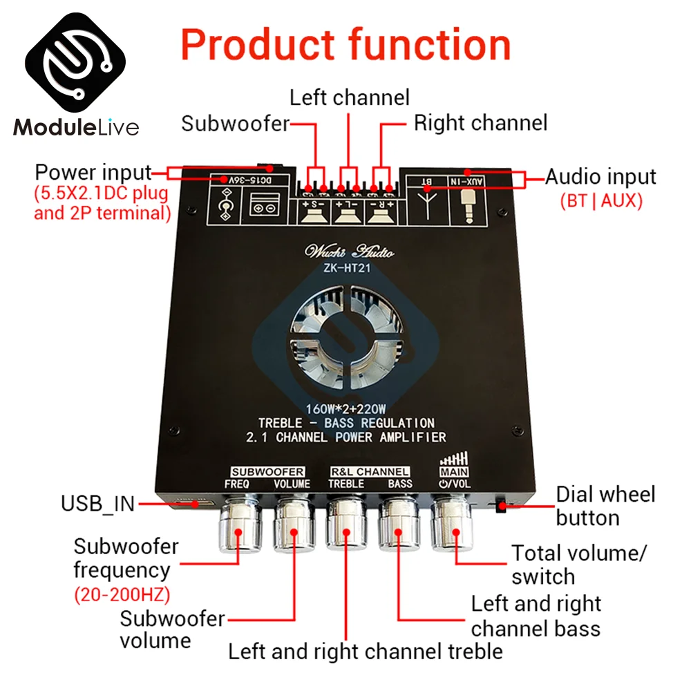 

ZK-HT21 2G HIFI Bluetooth 5.0 2.1 Channel Power Audio Stereo Subwoofer Amplifier Board 160W*2+220W TREBLE Bass Note Tuning AMP