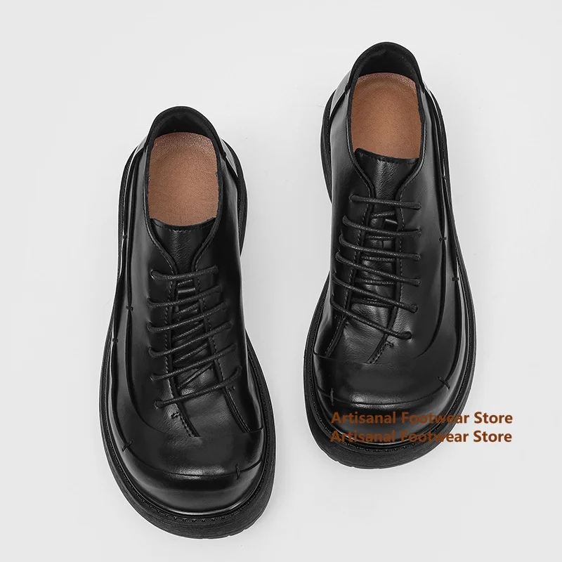 Black Leather Lace-Up Derby Shoes Chunky Sole Height Increasing Leather Casual Shoes 2025 New In Runway Thick Soled Men's Shoes