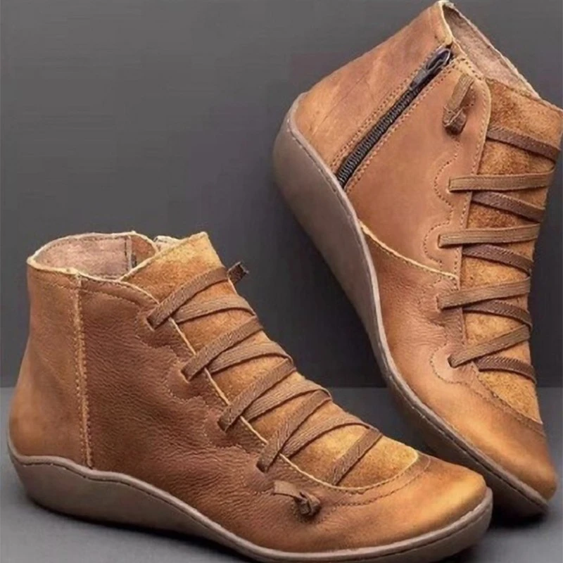 Autumn Fashion Women Boots Winter Pu Leather Ankle Spring Flat Shoes Woman Short Vintage Boots for Women Lace Up Boots