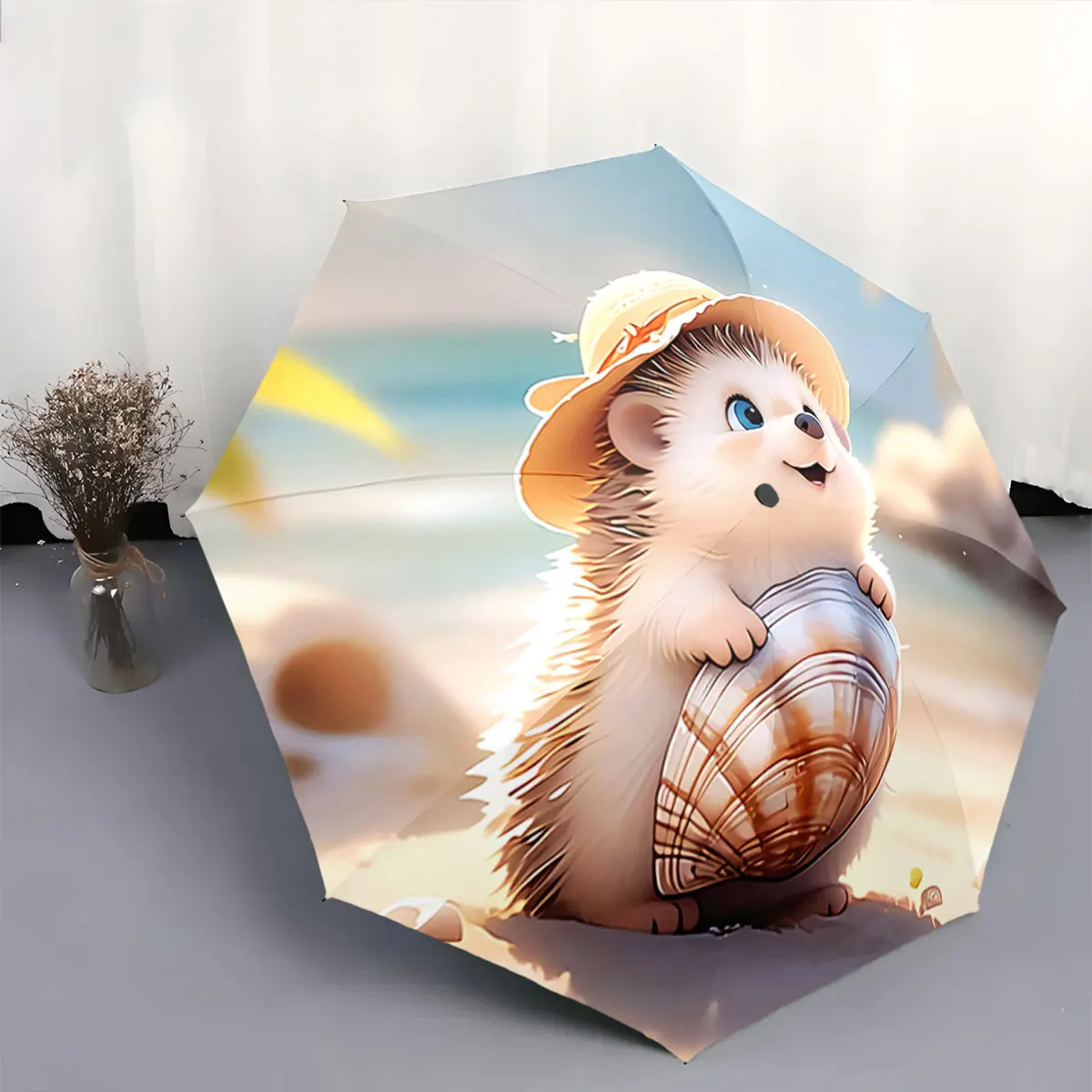 Cute Hedgehog with Shell on Sunny Beach Umbrella Design portable waterproof sun rain umbrella for outdoor travel beach